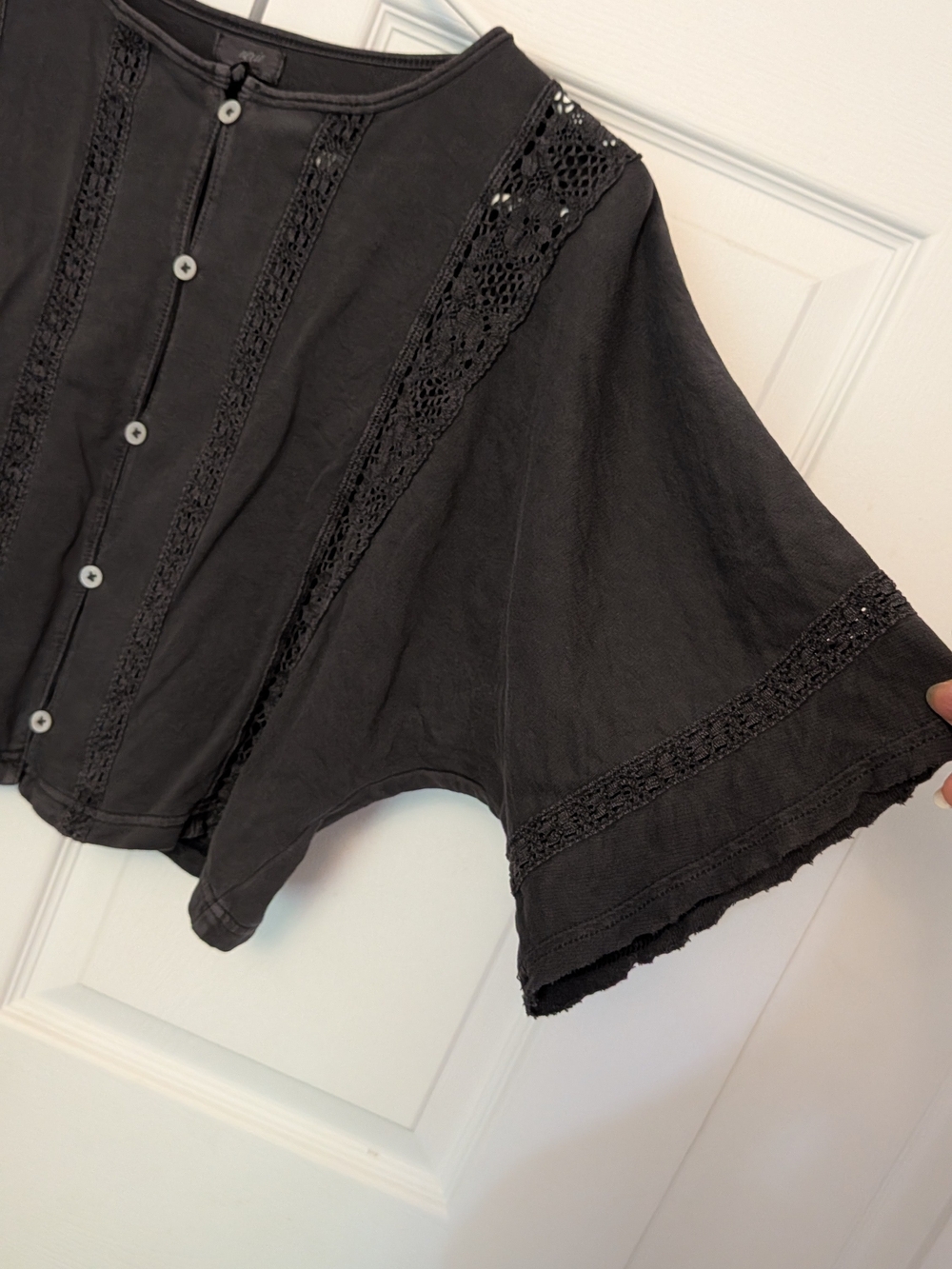 Aerie dark grey Lace-Trim button front wide sleeves cozy cotton top